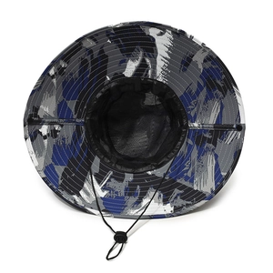 Outdoor camouflage fishing hat with wide brim, breathable mesh lining and chin strap