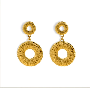 Detailed close-up of gold titanium steel earrings with radial spiral weave texture