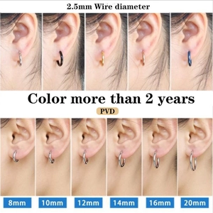 Size comparison and color guide for 2.5mm PVD plated stainless steel hoop earrings