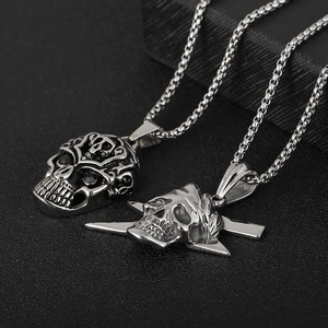 Retro stainless steel skull pendants with lightning bolt design and silver metal chains
