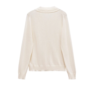Minimalist beige knit cardigan with polo collar and ribbed cuffs shown from the back view