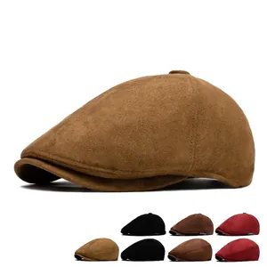 Classic unisex brown faux suede beret and newsboy cap shown with multicolor options