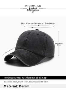 Detail view of washed denim baseball cap with size specs and adjustable metal buckle