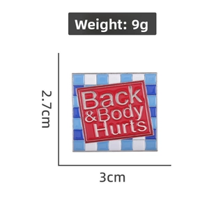 Square enamel pin with Back & Body Hurts text and checkerboard pattern, 3cm size detail