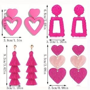 Detailed view of pink geometric earrings set with precise size measurements shown in cm and inches