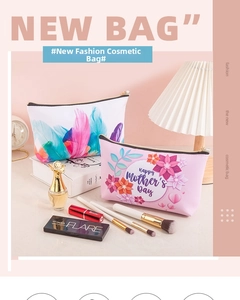 Detail of floral Mother's Day and colorful feather print waterproof PU makeup pouches