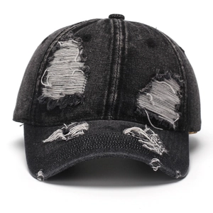 Casquette de baseball en jean gris foncé délavé avec trous usés et visière incurvée