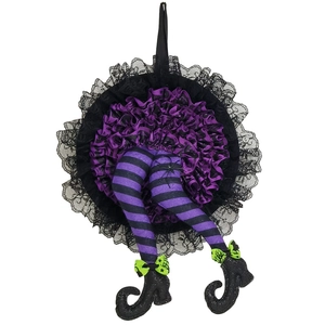 Halloween witch leg wreath with purple stripes and black lace for party decoration
