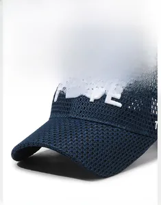 Macro shot of navy blue breathable mesh baseball cap with 3D FBQE embroidery detail