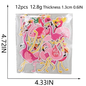 Set of 12 elegant pink flamingo embroidered iron-on patches with various cute poses