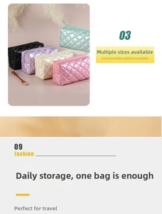Close-up of quilted nylon makeup bags in assorted pastel colors with metallic finish