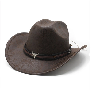 Vintage Western Cowboy Hat Distressed Faux Leather Wide Brim Bull Skull Ornament Retro Jazz Style For Men Women