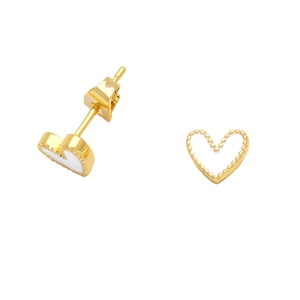 Minimalist 18K gold plated heart stud earrings with white enamel and milgrain edges