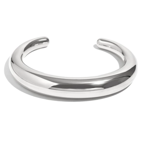 Minimalist silver-toned stainless steel open cuff bracelet with a thick polished finish