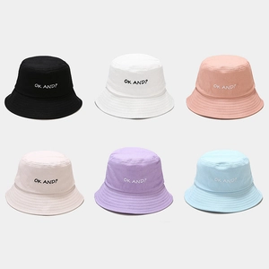 Cotton Canvas Bucket Hat With OK AND? Letter Embroidery Flat Top Sun Protection Outdoor Streetwear Accessory