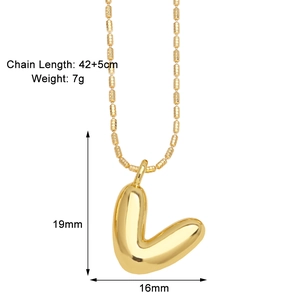 Detail view of gold letter L pendant with dimensions 19x16mm and bead chain style