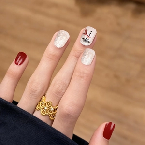 Christmas Press On Nails Snowman Snowflake Red White Glitter ABS Fake Nails Short Square Round For Women