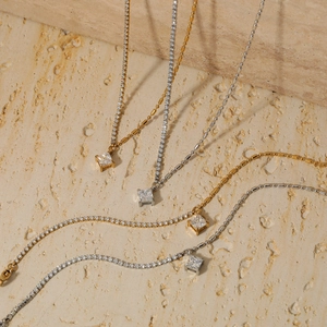 Elegant square zircon pendant necklaces with beaded and tennis chains in gold and silver