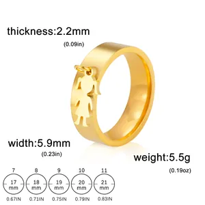 Stainless steel ring with girl charm and detailed size guide for diameter and width