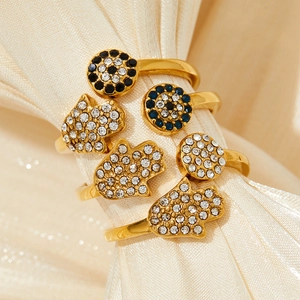 Evil eye and Hamsa hand gold-plated stainless steel rings with crystal micro-pave