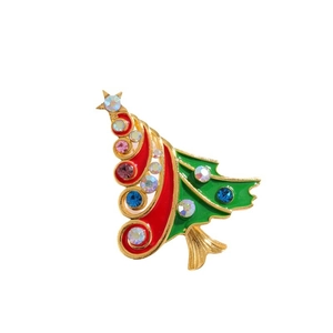 Christmas tree brooch pin in gold metal with red green enamel and colorful rhinestones