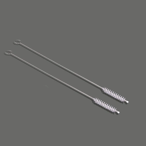 Set of two stainless steel straw cleaning brushes with soft nylon bristles and ring handles