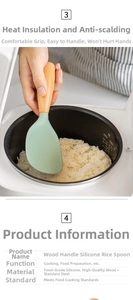 Detail showing non-stick silicone rice scoop with wooden handle used in a rice cooker