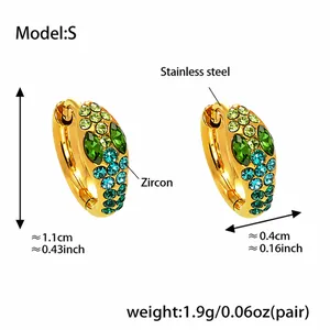Detailed view showing dimensions of U-shaped gold earrings with green zircon stones