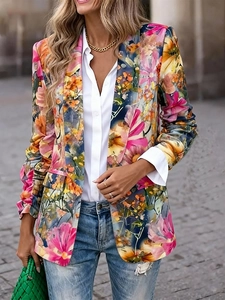 Women's 2025 autumn slim fit blazer with colorful floral print and cropped sleeves