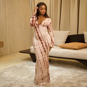 Deep V-neck long sleeve bodycon maxi dress with brown and beige tie-dye print pattern