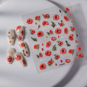 Detailed view of FEB-658 nail stickers featuring red poppy flowers and leaf designs