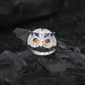 S925 sterling silver owl ring with orange and blue gemstone eyes and white cubic zirconia