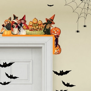 Detail of Halloween wooden door corner decor featuring a vintage witch, pumpkin, and black cat