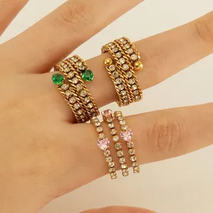 Multilayer Spiral Ring Stainless Steel 18K Gold Plated Zircon Heart Square Open Adjustable Fashion Jewelry Women