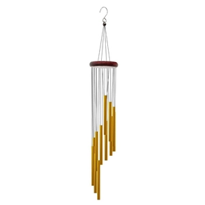 12-tube metal wind chime with golden aluminum tubes and wood top for home decor