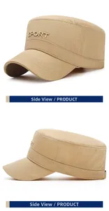 Detail view of khaki cotton cadet cap showing side profiles and SPORT embroidery