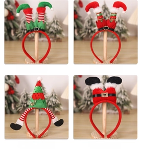 Detail of soft plush Christmas headbands featuring elf hat and Santa leg designs
