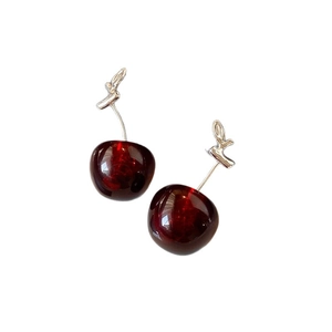 Elegant dark red resin cherry earrings with silver stems on a clean white background