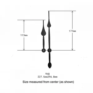 Vintage black aluminum clock hands set with dimensions 113mm and 177mm on white background