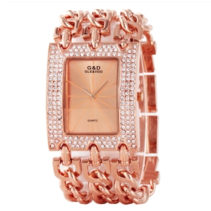 Rose gold multi-strand chain bracelet watch with square rhinestone-studded dial