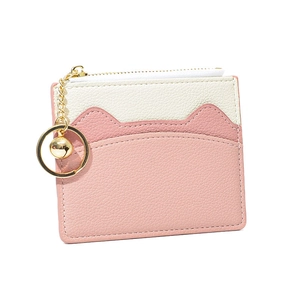 Pink and white cat-ear mini card holder with lychee grain leather and gold keychain