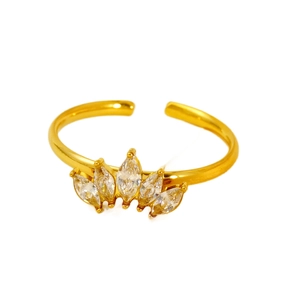 Gold adjustable stainless steel ring with crown-shaped marquise zirconias on white background