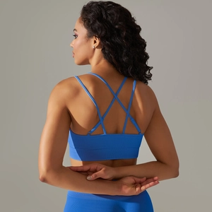 Detail showing high-elasticity seamless fabric and crisscross straps on back of blue sports bra