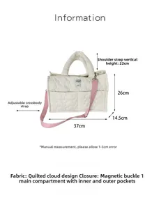 Detailed infographic of white quilted handbag showing dimensions and magnetic closure