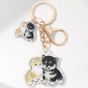 Cute acrylic kitten and puppy keychain with golden lobster clasp and metal ring