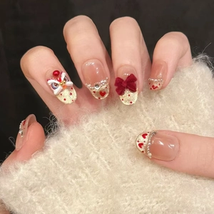 Champagner Katzenauge Künstliche Nägel Französisches Blush Schleife Löwentanz Perle Strass Kurz Oval Falsche Nägel Für Damen Geschenk