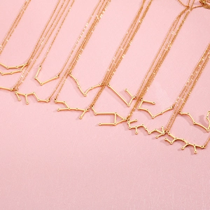 Detailed flat lay of golden zodiac pendants on pink textured surface with steel chains