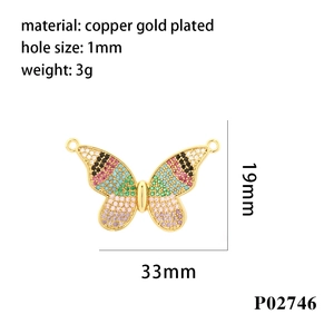 Hollow butterfly pendant in copper gold plated with colorful cubic zirconia stones