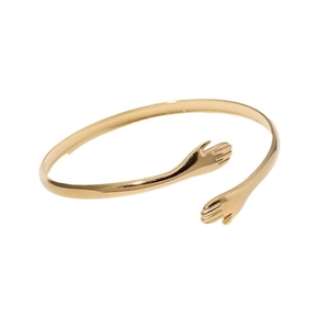 Polished gold stainless steel open bangle featuring a unique hands hugging design