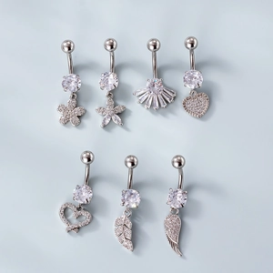 7er-Set silberne Bauchnabelpiercings aus Edelstahl mit Zirkonia-Anhängern in Sternform